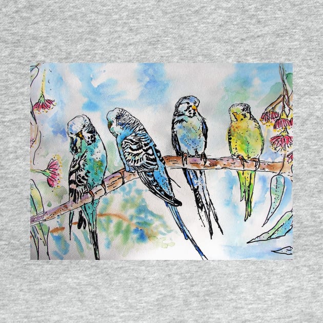 Colourful Budgies Budgerigars Sitting on A Branch Watercolor Painting by SarahRajkotwala